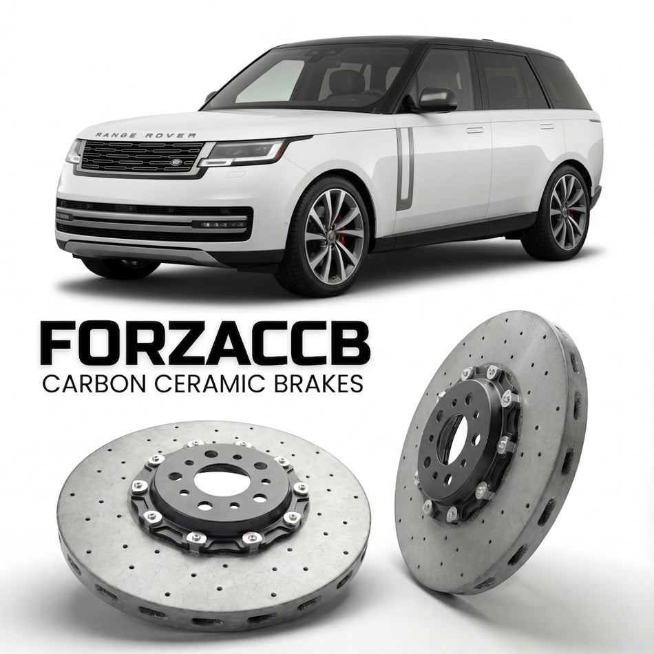 ForzaCCB direct OEM replacement carbon ceramic brake rotors for 2021 and newer Land Rover Range Rover V SWB models, shown with a white Land Rover Range Rover car.