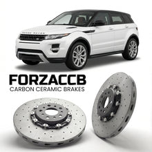 ForzaCCB direct OEM replacement carbon ceramic brake rotors for 2012 to 2015 Land Rover Range Rover Evoque I models, shown with a white Land Rover Range Rover Evoque car.