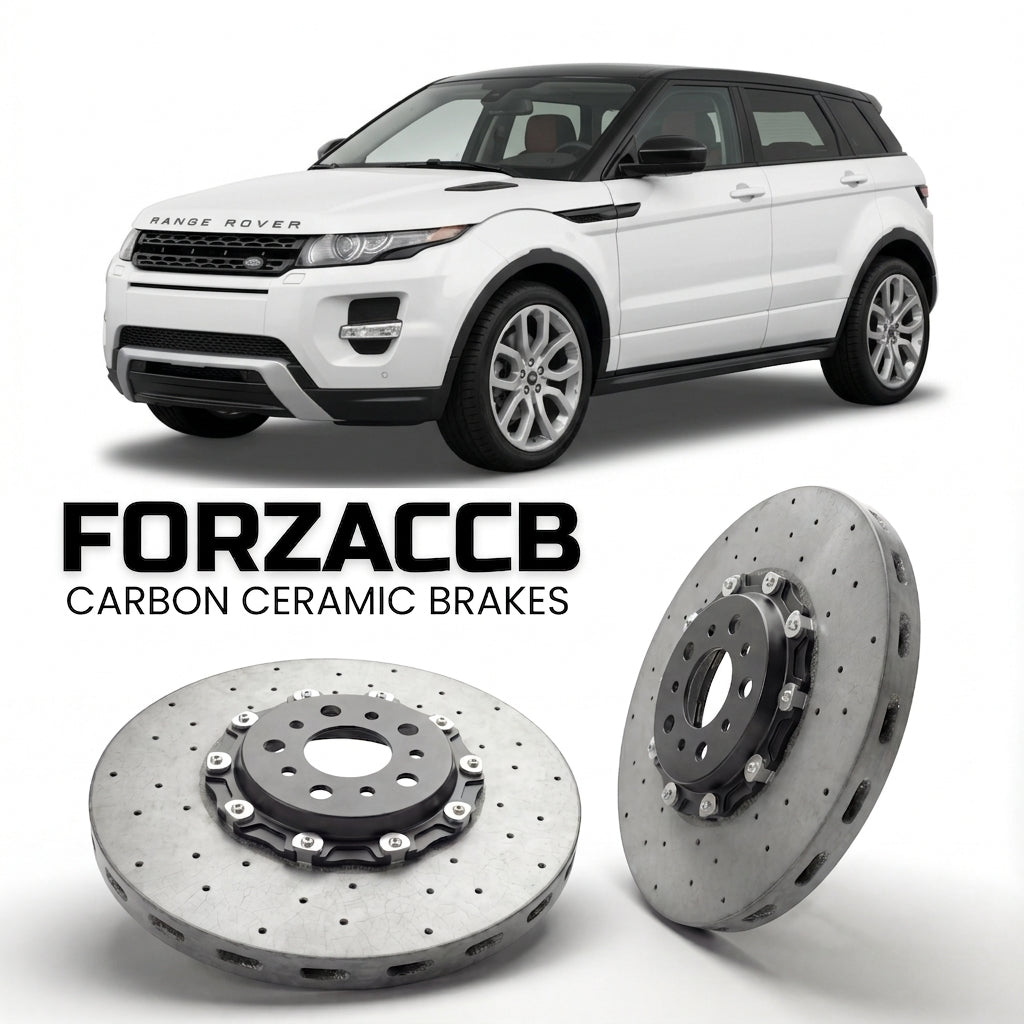 ForzaCCB direct OEM replacement carbon ceramic brake rotors for 2012 to 2015 Land Rover Range Rover Evoque I models, shown with a white Land Rover Range Rover Evoque car.