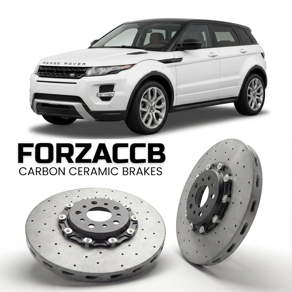 ForzaCCB direct OEM replacement carbon ceramic brake rotors for 2012 to 2015 Land Rover Range Rover Evoque I models, shown with a white Land Rover Range Rover Evoque car.