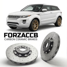 ForzaCCB direct OEM replacement carbon ceramic brake rotors for 2012 to 2015 Land Rover Range Rover Evoque I coupe models, shown with a white Land Rover Range Rover Evoque car.