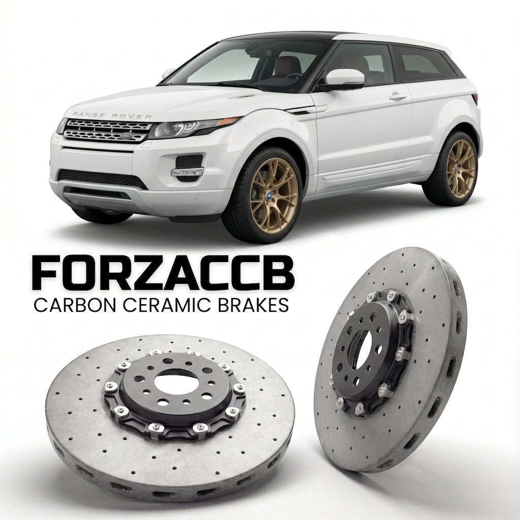 ForzaCCB direct OEM replacement carbon ceramic brake rotors for 2012 to 2015 Land Rover Range Rover Evoque I coupe models, shown with a white Land Rover Range Rover Evoque car.