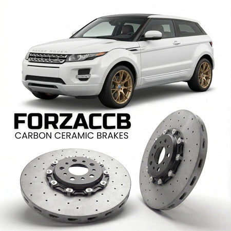 ForzaCCB direct OEM replacement carbon ceramic brake rotors for 2012 to 2015 Land Rover Range Rover Evoque I coupe models, shown with a white Land Rover Range Rover Evoque car.