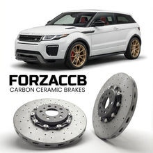 ForzaCCB direct OEM replacement carbon ceramic brake rotors for 2015-2018) Land Rover Range Rover Evoque I coupe (facelift 2015 models, shown with a white Land Rover Range Rover Evoque car.