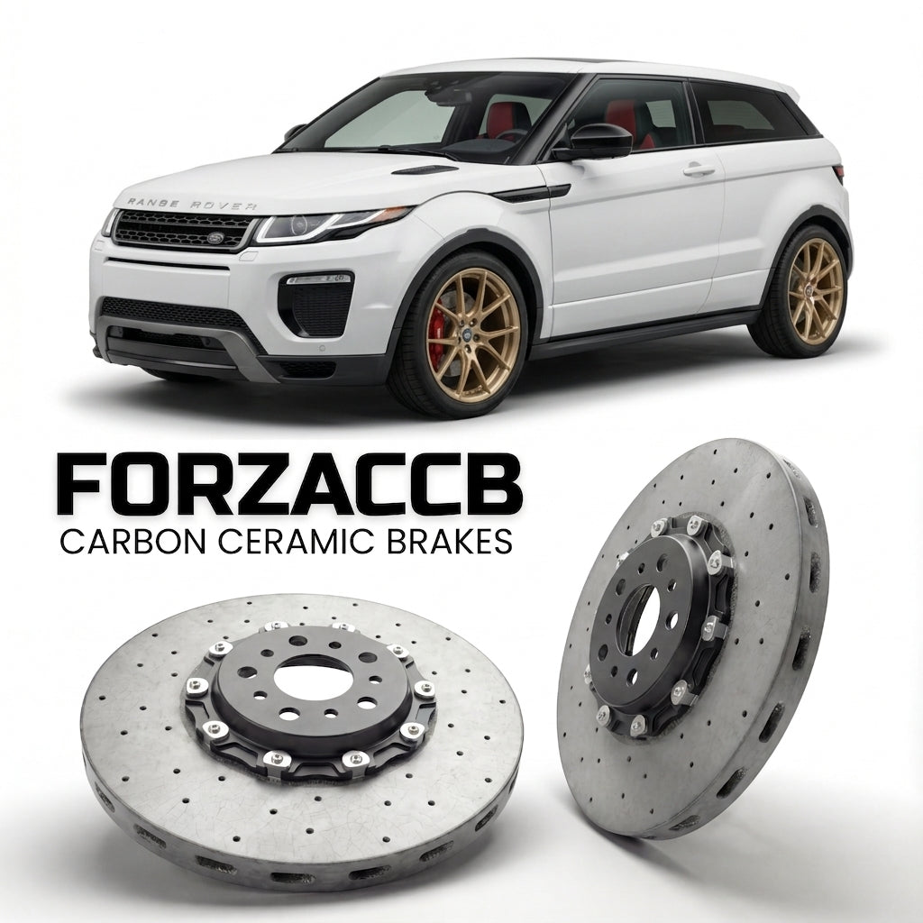 ForzaCCB direct OEM replacement carbon ceramic brake rotors for 2015-2018) Land Rover Range Rover Evoque I coupe (facelift 2015 models, shown with a white Land Rover Range Rover Evoque car.
