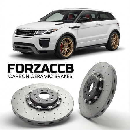 ForzaCCB direct OEM replacement carbon ceramic brake rotors for 2015-2018) Land Rover Range Rover Evoque I coupe (facelift 2015 models, shown with a white Land Rover Range Rover Evoque car.