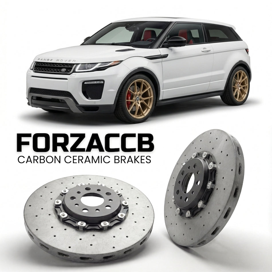 ForzaCCB direct OEM replacement carbon ceramic brake rotors for 2015-2018) Land Rover Range Rover Evoque I coupe (facelift 2015 models, shown with a white Land Rover Range Rover Evoque car.
