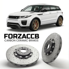 ForzaCCB direct OEM replacement carbon ceramic brake rotors for 2015-2018) Land Rover Range Rover Evoque I (facelift 2015 models, shown with a white Land Rover Range Rover Evoque car.