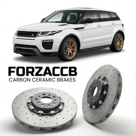 ForzaCCB direct OEM replacement carbon ceramic brake rotors for 2015-2018) Land Rover Range Rover Evoque I (facelift 2015 models, shown with a white Land Rover Range Rover Evoque car.