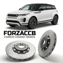 ForzaCCB direct OEM replacement carbon ceramic brake rotors for 2019 to 2023 Land Rover Range Rover Evoque II models, shown with a white Land Rover Range Rover Evoque car.