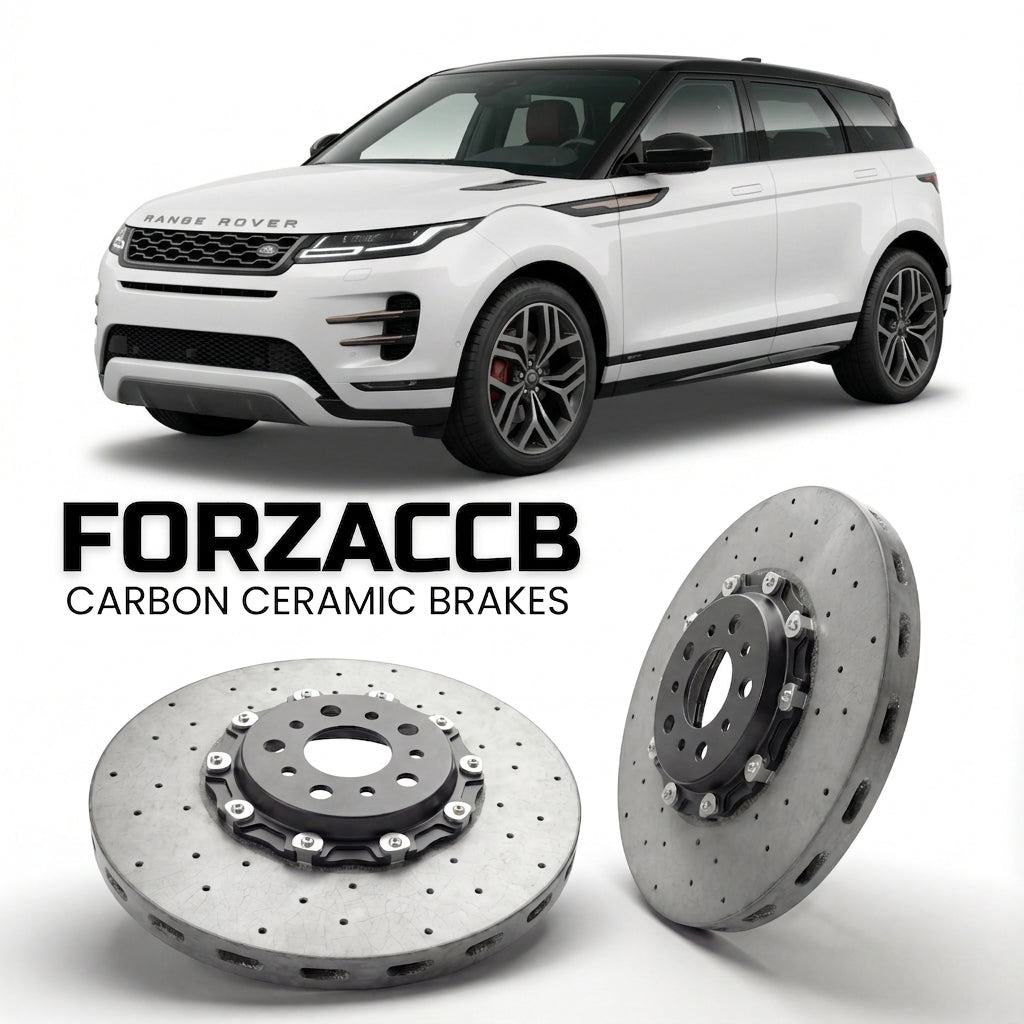 ForzaCCB direct OEM replacement carbon ceramic brake rotors for 2019 to 2023 Land Rover Range Rover Evoque II models, shown with a white Land Rover Range Rover Evoque car.