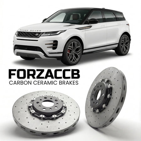 ForzaCCB direct OEM replacement carbon ceramic brake rotors for 2019 to 2023 Land Rover Range Rover Evoque II models, shown with a white Land Rover Range Rover Evoque car.