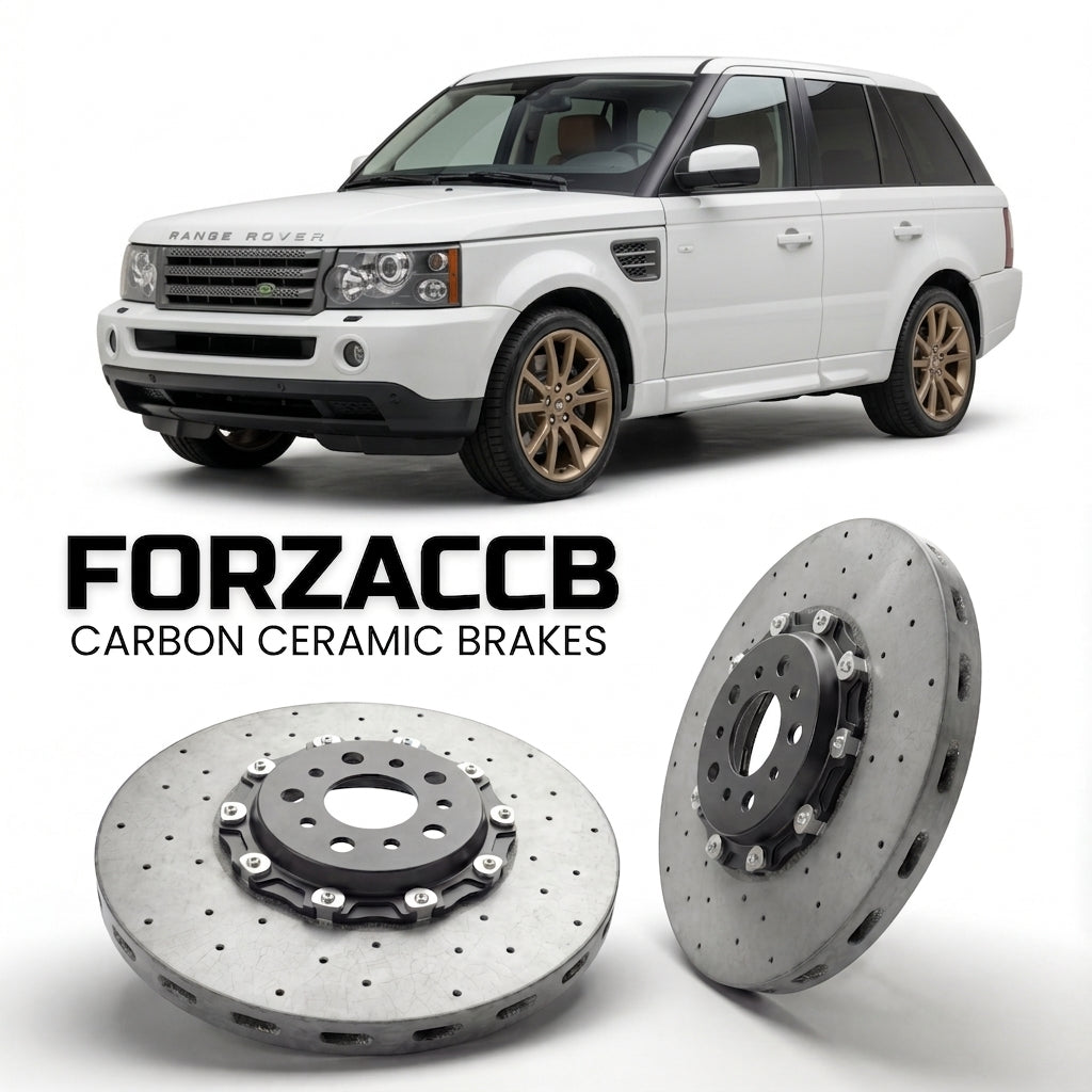 ForzaCCB direct OEM replacement carbon ceramic brake rotors for 2005 to 2009 Land Rover Range Rover Sport I models, shown with a white Land Rover Range Rover Sport car.