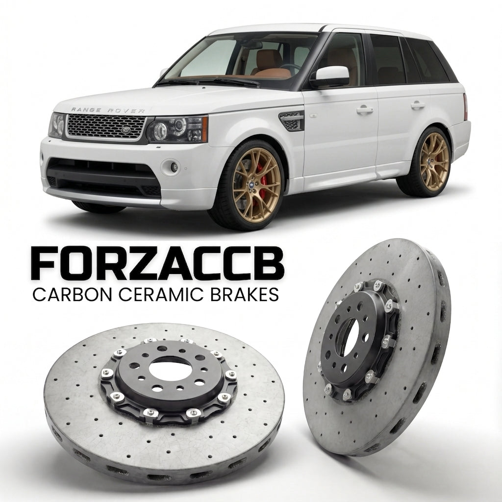ForzaCCB direct OEM replacement carbon ceramic brake rotors for 2009-2013) Land Rover Range Rover Sport I (facelift 2009 models, shown with a white Land Rover Range Rover Sport car.