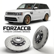ForzaCCB direct OEM replacement carbon ceramic brake rotors for 2009-2013) Land Rover Range Rover Sport I (facelift 2009 models, shown with a white Land Rover Range Rover Sport car.