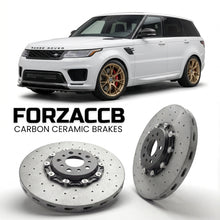 ForzaCCB direct OEM replacement carbon ceramic brake rotors for 2013 to 2017 Land Rover Range Rover Sport II models, shown with a white Land Rover Range Rover Sport car.