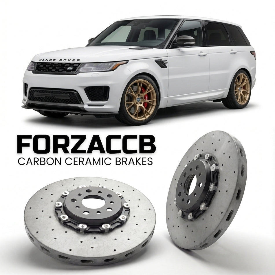 ForzaCCB direct OEM replacement carbon ceramic brake rotors for 2013 to 2017 Land Rover Range Rover Sport II models, shown with a white Land Rover Range Rover Sport car.