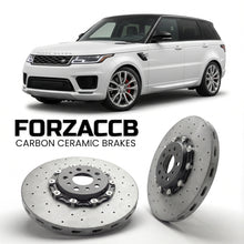 ForzaCCB direct OEM replacement carbon ceramic brake rotors for 2017-2022) Land Rover Range Rover Sport II (facelift 2017 models, shown with a white Land Rover Range Rover Sport car.