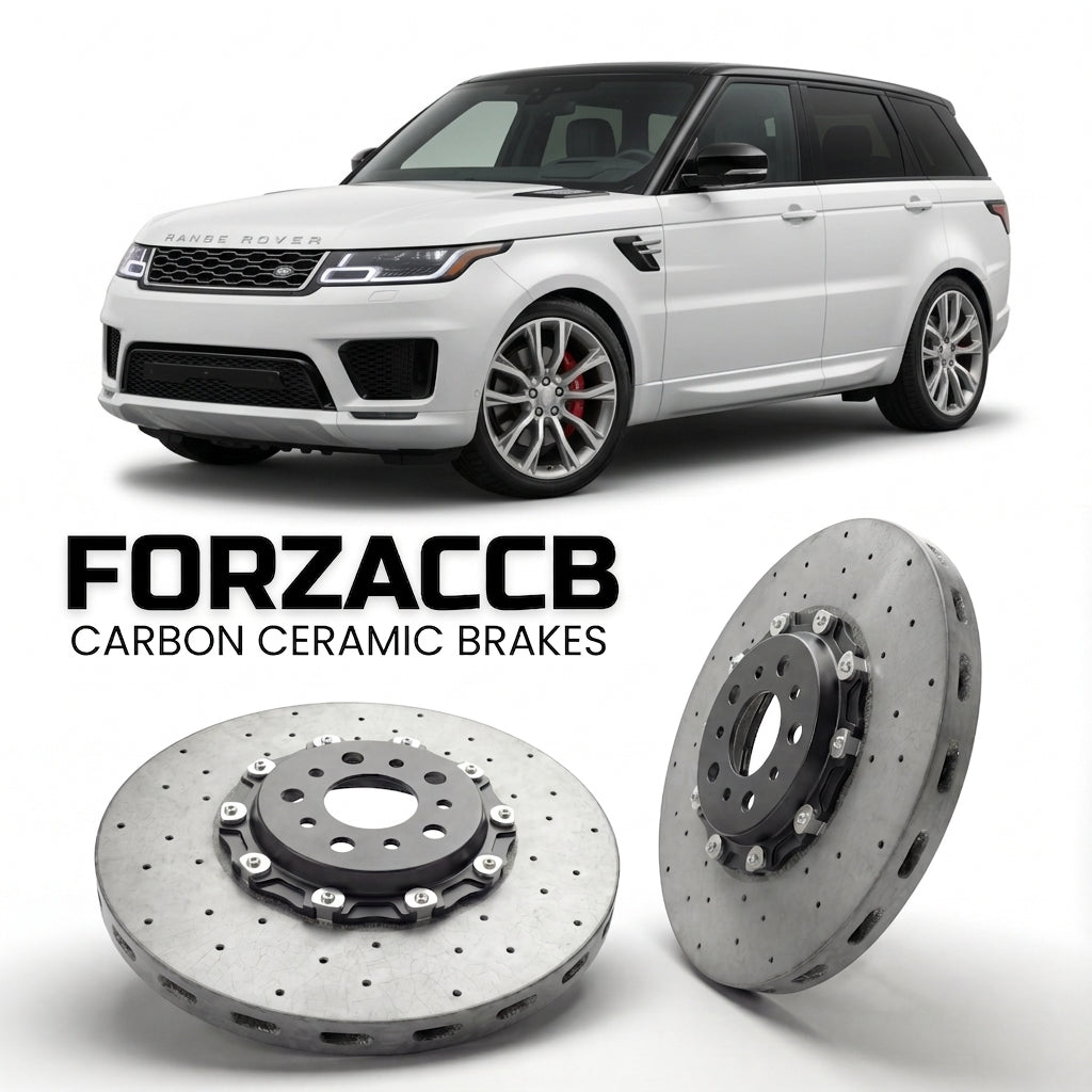 ForzaCCB direct OEM replacement carbon ceramic brake rotors for 2017-2022) Land Rover Range Rover Sport II (facelift 2017 models, shown with a white Land Rover Range Rover Sport car.