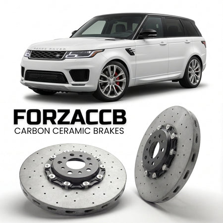 ForzaCCB direct OEM replacement carbon ceramic brake rotors for 2017-2022) Land Rover Range Rover Sport II (facelift 2017 models, shown with a white Land Rover Range Rover Sport car.