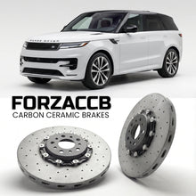 ForzaCCB direct OEM replacement carbon ceramic brake rotors for 2022 and newer Land Rover Range Rover Sport III models, shown with a white Land Rover Range Rover Sport car.