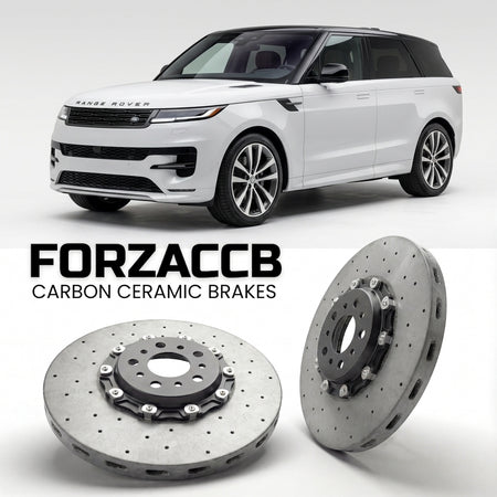 ForzaCCB direct OEM replacement carbon ceramic brake rotors for 2022 and newer Land Rover Range Rover Sport III models, shown with a white Land Rover Range Rover Sport car.