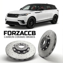 ForzaCCB direct OEM replacement carbon ceramic brake rotors for 2017 to 2020 Land Rover Range Rover Velar models, shown with a white Land Rover Range Rover Velar car.