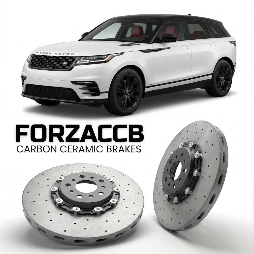 ForzaCCB direct OEM replacement carbon ceramic brake rotors for 2017 to 2020 Land Rover Range Rover Velar models, shown with a white Land Rover Range Rover Velar car.