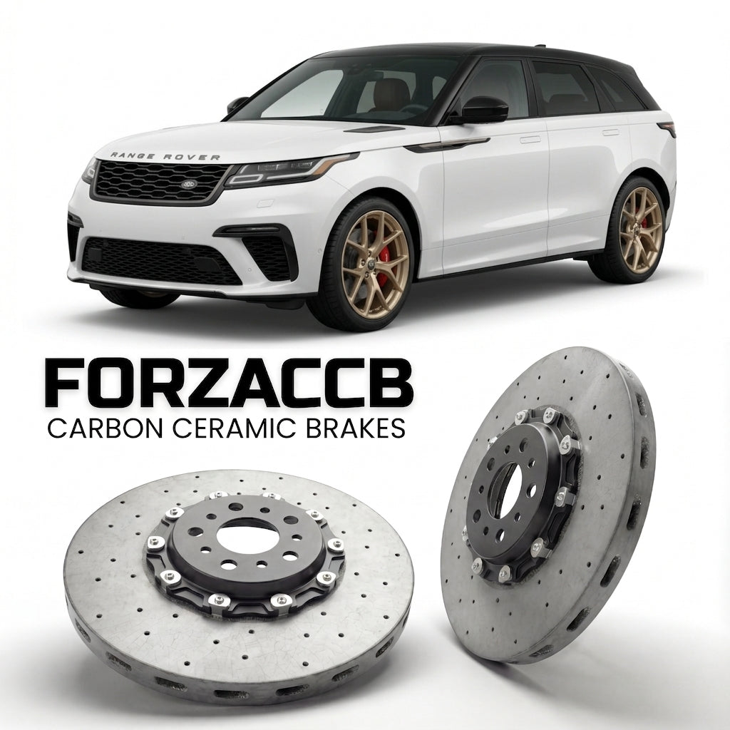 ForzaCCB direct OEM replacement carbon ceramic brake rotors for 2020 to 2023 Land Rover Range Rover Velar facelift 2020 models, shown with a white Land Rover Range Rover Velar car.