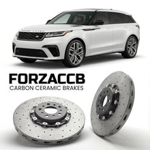 ForzaCCB direct OEM replacement carbon ceramic brake rotors for 2023 and newer Land Rover Range Rover Velar facelift 2023 models, shown with a white Land Rover Range Rover Velar car.