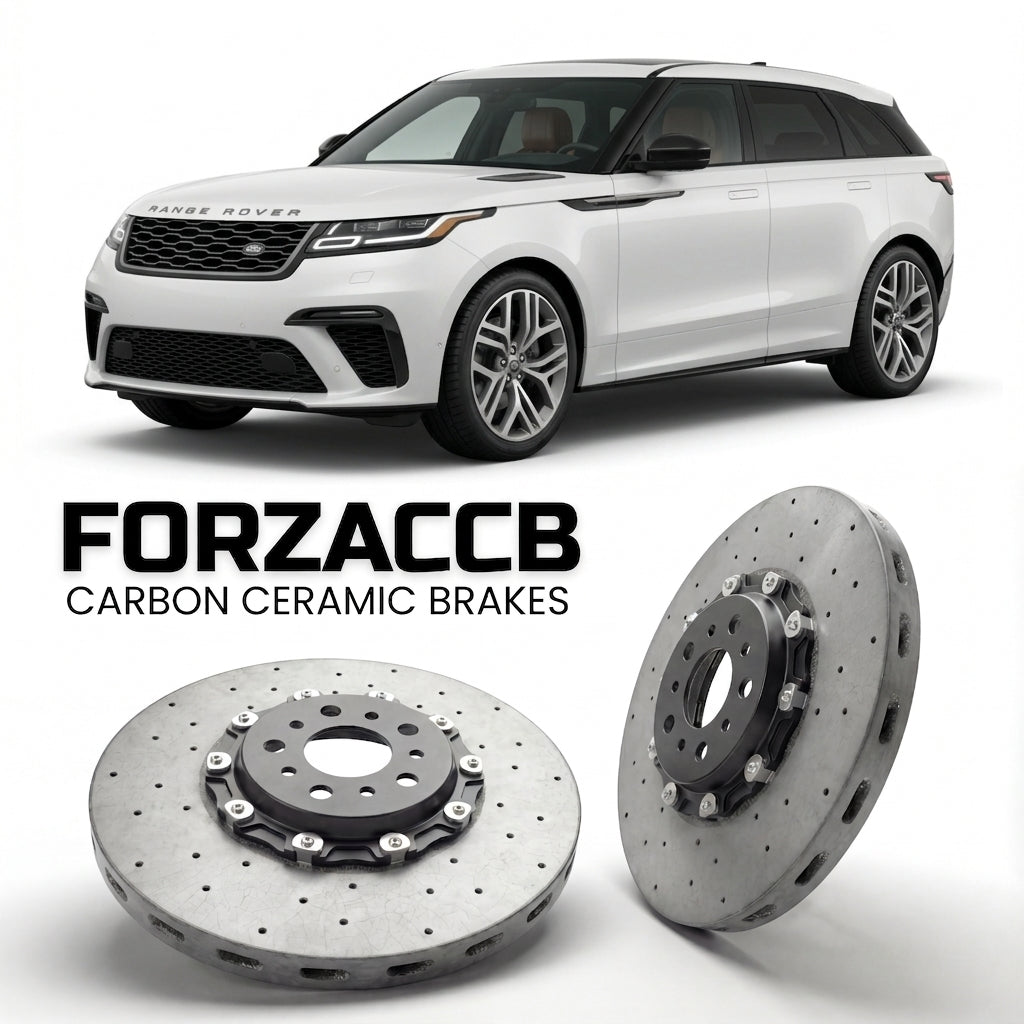 ForzaCCB direct OEM replacement carbon ceramic brake rotors for 2023 and newer Land Rover Range Rover Velar facelift 2023 models, shown with a white Land Rover Range Rover Velar car.