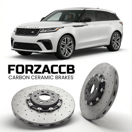 ForzaCCB direct OEM replacement carbon ceramic brake rotors for 2023 and newer Land Rover Range Rover Velar facelift 2023 models, shown with a white Land Rover Range Rover Velar car.