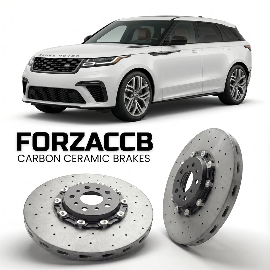 ForzaCCB direct OEM replacement carbon ceramic brake rotors for 2023 and newer Land Rover Range Rover Velar facelift 2023 models, shown with a white Land Rover Range Rover Velar car.