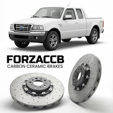 ForzaCCB direct OEM replacement carbon ceramic brake rotors for 2005 to 2006 Ford Ranger I Double Cab models, shown with a white Ford Ranger car.