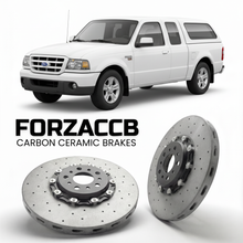 ForzaCCB direct OEM replacement carbon ceramic brake rotors for 2005 to 2006 Ford Ranger I Super Cab models, shown with a white Ford Ranger car.