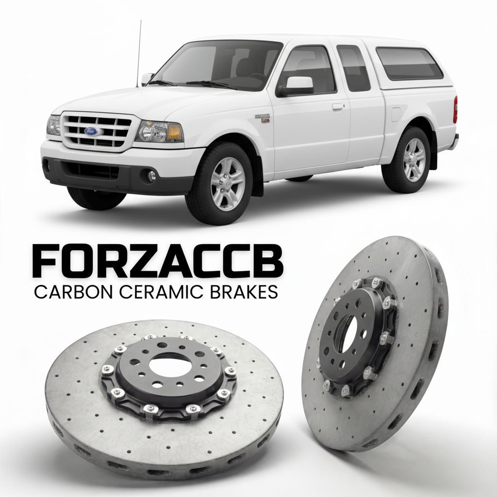 ForzaCCB direct OEM replacement carbon ceramic brake rotors for 2005 to 2006 Ford Ranger I Super Cab models, shown with a white Ford Ranger car.