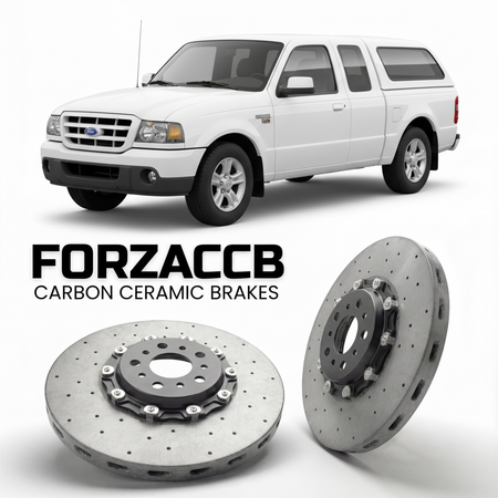 ForzaCCB direct OEM replacement carbon ceramic brake rotors for 2005 to 2006 Ford Ranger I Super Cab models, shown with a white Ford Ranger car.