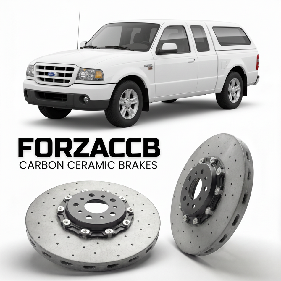 ForzaCCB direct OEM replacement carbon ceramic brake rotors for 2005 to 2006 Ford Ranger I Super Cab models, shown with a white Ford Ranger car.