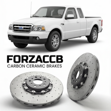 ForzaCCB direct OEM replacement carbon ceramic brake rotors for 2006 to 2010 Ford Ranger II Super Cab models, shown with a white Ford Ranger car.