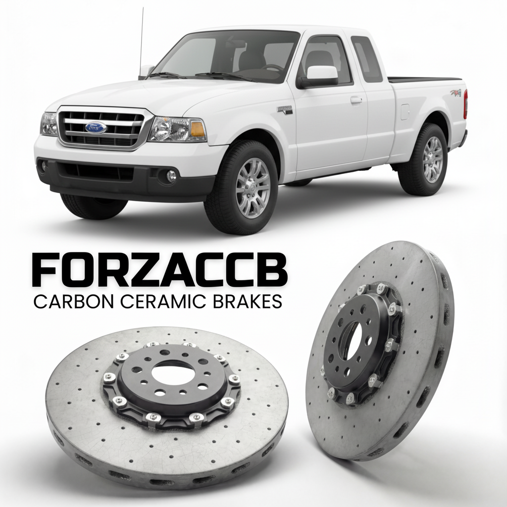 ForzaCCB direct OEM replacement carbon ceramic brake rotors for 2006 to 2010 Ford Ranger II Super Cab models, shown with a white Ford Ranger car.