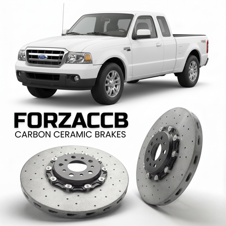 ForzaCCB direct OEM replacement carbon ceramic brake rotors for 2006 to 2010 Ford Ranger II Super Cab models, shown with a white Ford Ranger car.