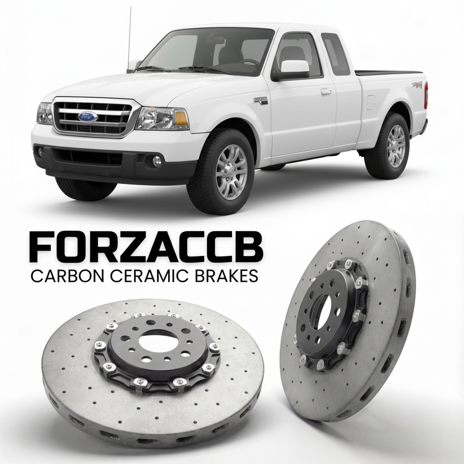 ForzaCCB direct OEM replacement carbon ceramic brake rotors for 2006 to 2010 Ford Ranger II Super Cab models, shown with a white Ford Ranger car.