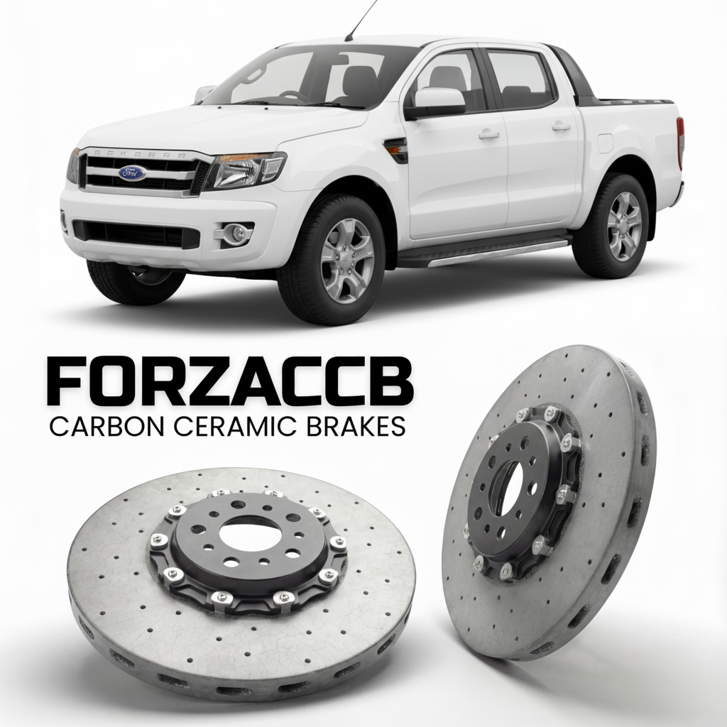 ForzaCCB direct OEM replacement carbon ceramic brake rotors for 2006 to 2012 Ford Ranger II Double Cab models, shown with a white Ford Ranger car.