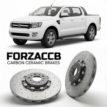 ForzaCCB direct OEM replacement carbon ceramic brake rotors for 2006 to 2012 Ford Ranger II Double Cab models, shown with a white Ford Ranger car.