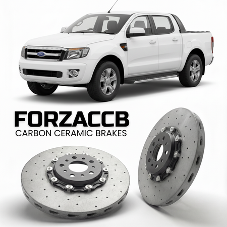 ForzaCCB direct OEM replacement carbon ceramic brake rotors for 2006 to 2012 Ford Ranger II Double Cab models, shown with a white Ford Ranger car.