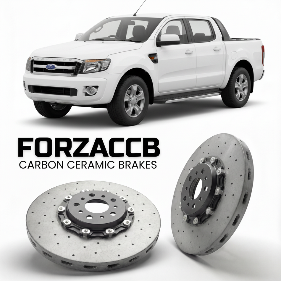 ForzaCCB direct OEM replacement carbon ceramic brake rotors for 2006 to 2012 Ford Ranger II Double Cab models, shown with a white Ford Ranger car.