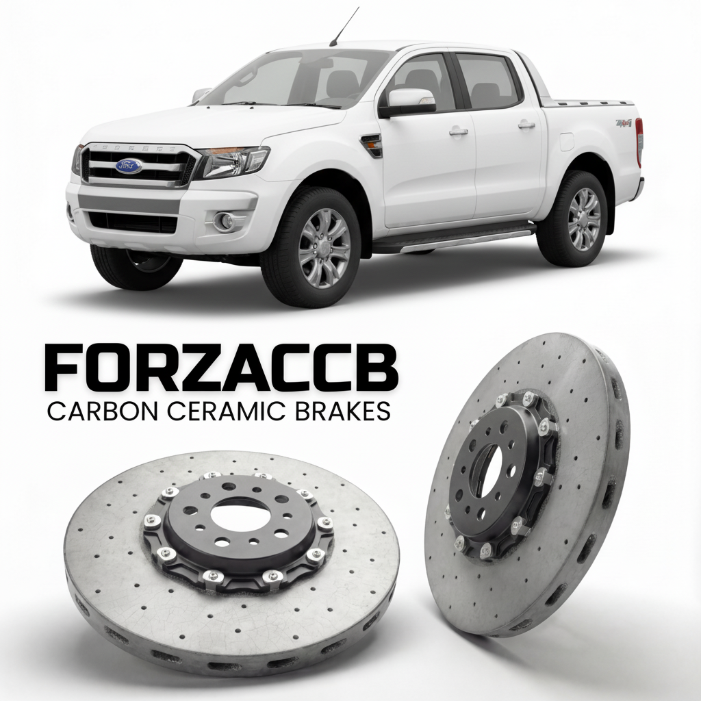 ForzaCCB direct OEM replacement carbon ceramic brake rotors for 2009-2011) Ford Ranger II Double Cab (facelift 2009 models, shown with a white Ford Ranger car.
