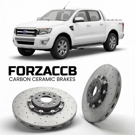 ForzaCCB direct OEM replacement carbon ceramic brake rotors for 2009-2011) Ford Ranger II Double Cab (facelift 2009 models, shown with a white Ford Ranger car.