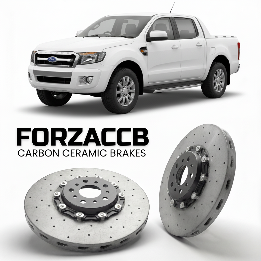 ForzaCCB direct OEM replacement carbon ceramic brake rotors for 2009-2011) Ford Ranger II Super Cab (facelift 2009 models, shown with a white Ford Ranger car.