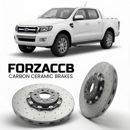 ForzaCCB direct OEM replacement carbon ceramic brake rotors for 2009-2011) Ford Ranger II Super Cab (facelift 2009 models, shown with a white Ford Ranger car.
